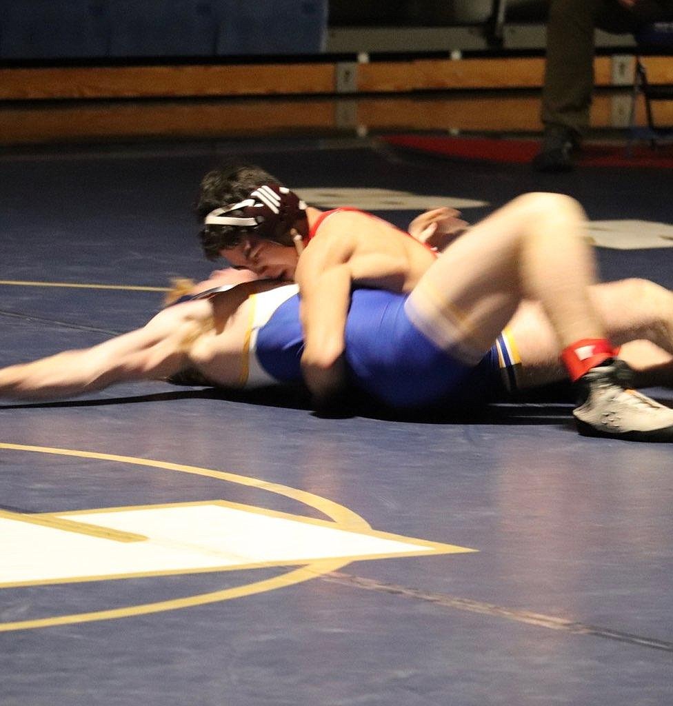 Superior's Lucas Kovalsky is just seconds away from pinning his 138-pound opponent from Mission/Charlo during action at last week's Thompson Falls Duals. (Kami Milender/for the MI)