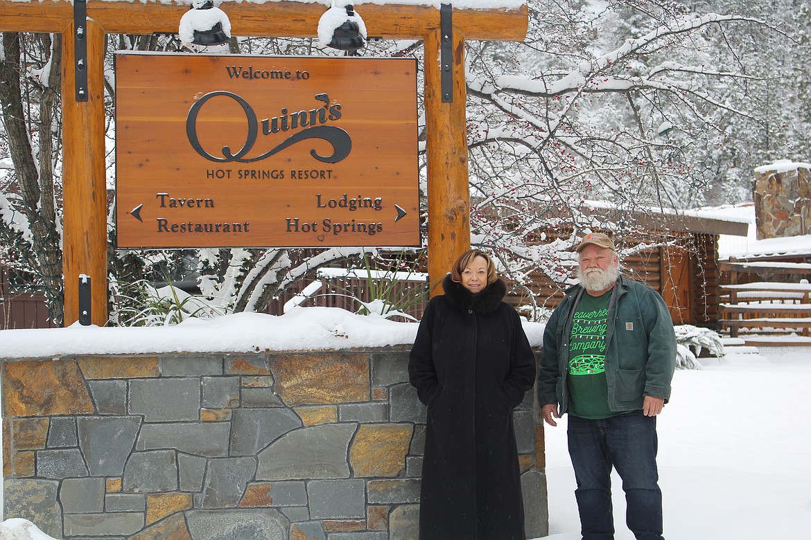 Denise Moreth, General Manager of Quinn’s Hot Springs and Denley Loge, House District 14 Representative near the entrance into Quinn’s. The new speed limit will be 45 mph rather than 70 after many years of studies, meetings and evidence that the area is too congested, and safety is being challenged. (Monte Turner/Mineral Independent)