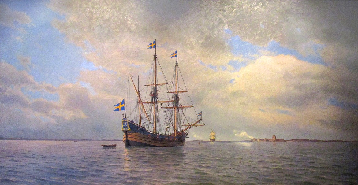 Painting by Jacob Hägg (1839-1931) of the Kalmar Nyckel, a Dutch-built armed merchant ship that brought first Swedish settlers to North America in 1638 to establish the colony of New Sweden.