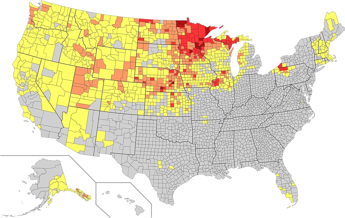 County map of U.S. showing where most Swedish-Americans live.