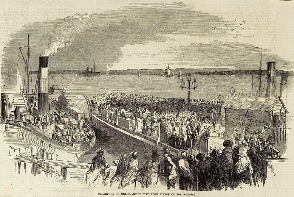 Illustrated London News image of a crowd at the departure of Sweden’s star opera soprano Jenny Lind leaving Liverpool, England, for the U.S. aboard the ocean paddle-wheeler Atlantic (1850).