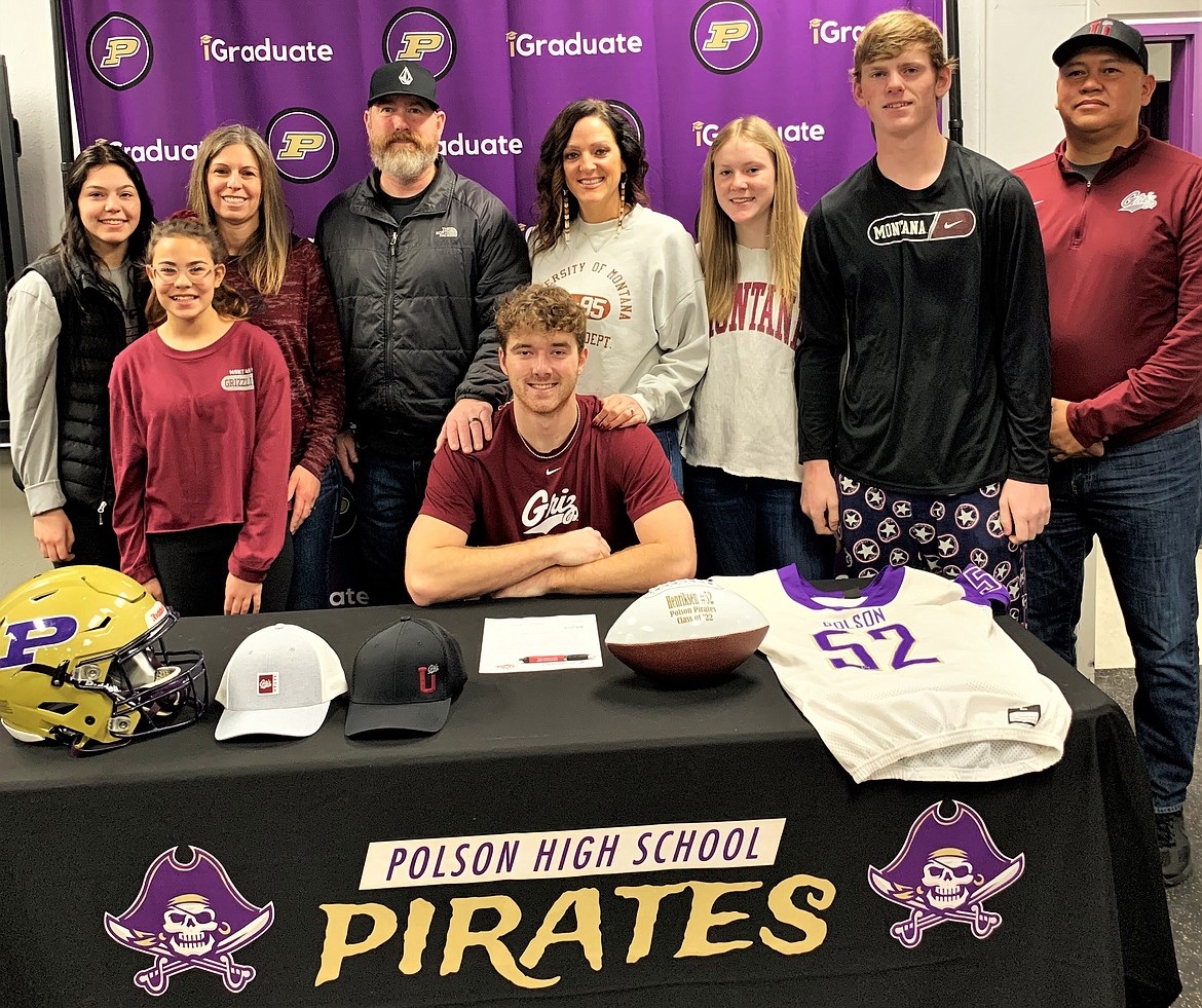 Braunson Henriksen's family was at the high school to help celebrate his signing of a letter of intent to play football for the University of Montana. (Courtesy of Polson High School)