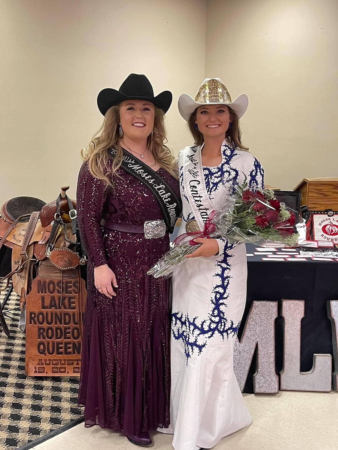 Mykiah Hollenbeck (left) 2020-21 Moses Lake Roundup queen, and Brianna Kin Kade after Kin Kade was announced as the 2022 Moses Lake Roundup queen.