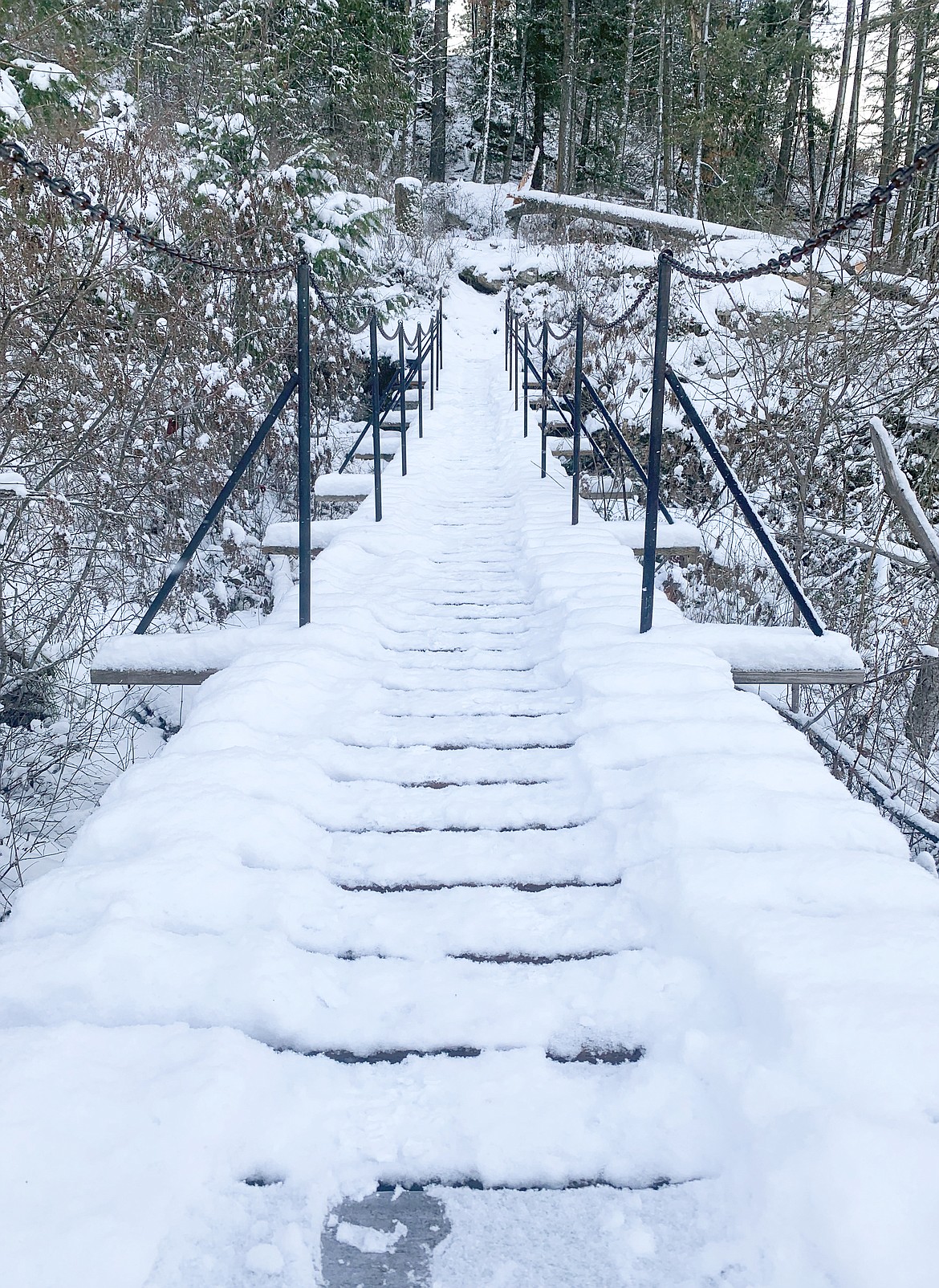A snow-covered footbridge leads the way at Tubbs Hill.