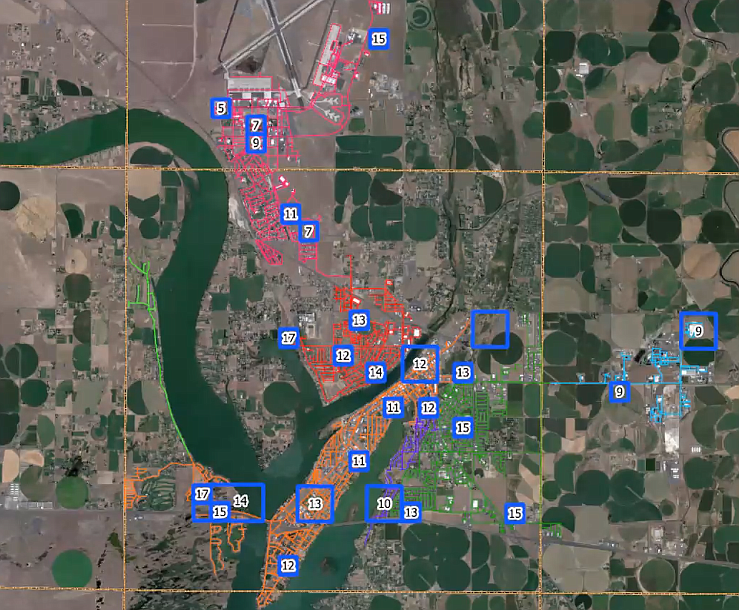 The city of Moses Lake and its consultants have identified 30 potential shallow water well sites, shown in the blue boxes above. Those tentative locations are numbered in relation to their desirability by the city, with the most desirable having the highest numbers in the image above.