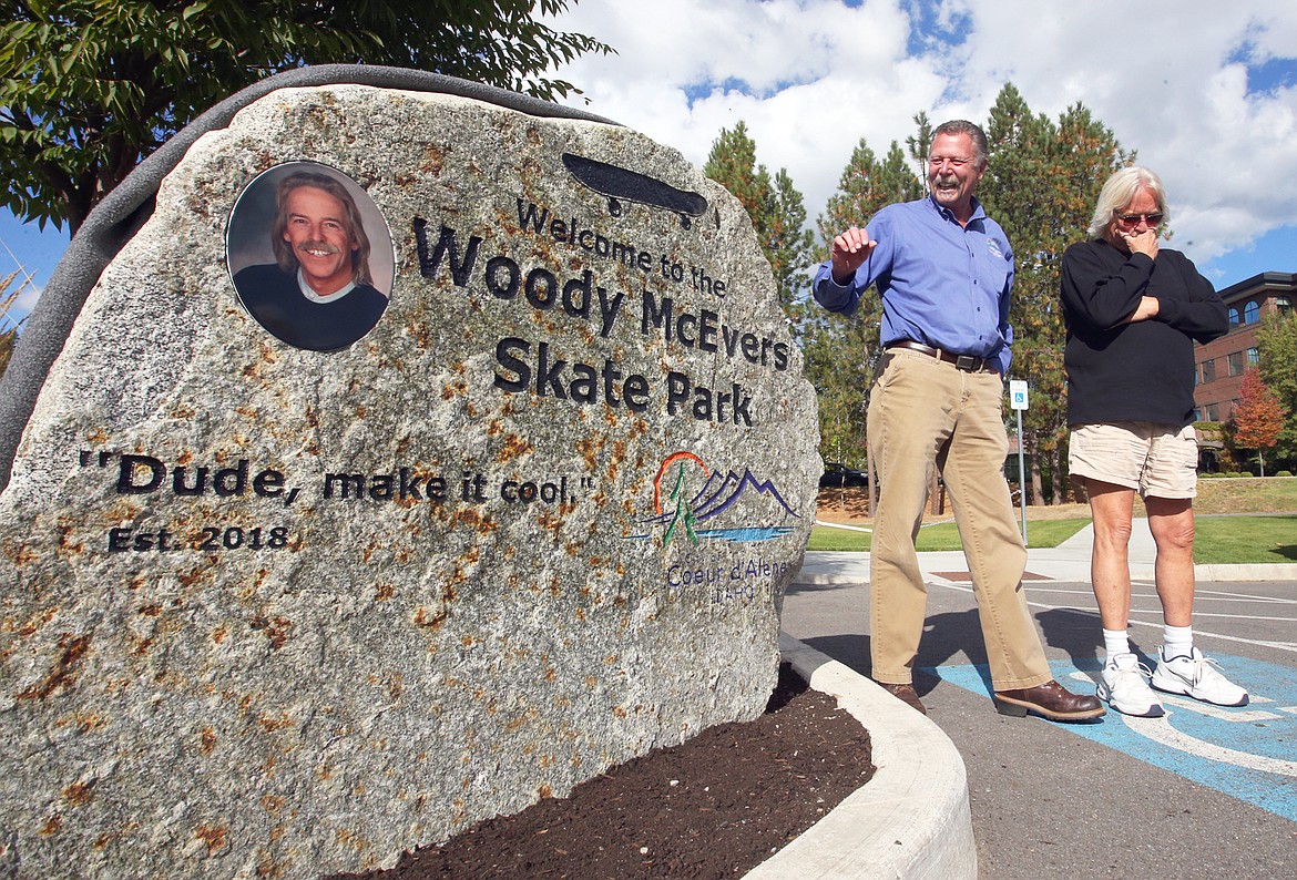 Woody McEvers, right, reacts as Coeur d'Alene Parks Director Bill Greenwood talks about the Woody McEvers Skate Park named for the Coeur d'Alene councilman on Sept. 29.