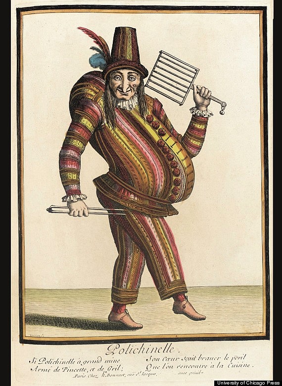 Italian clown Pulchinella, a character from the 17th century commedia dell'arte, who acted as a model for multiple clown personalities.