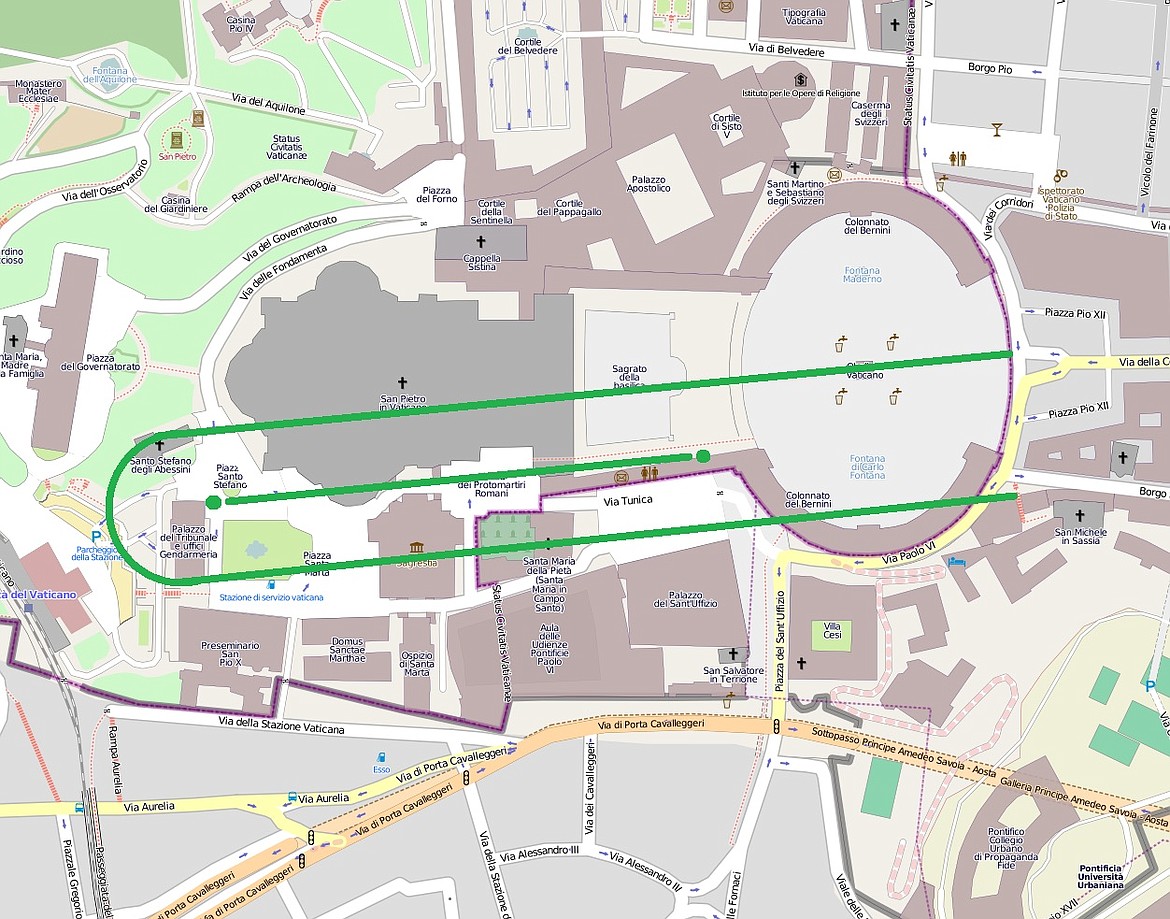 Map showing where Caligula and Nero’s circus in Rome was located partially under where St. Peter’s Basilica now stands.