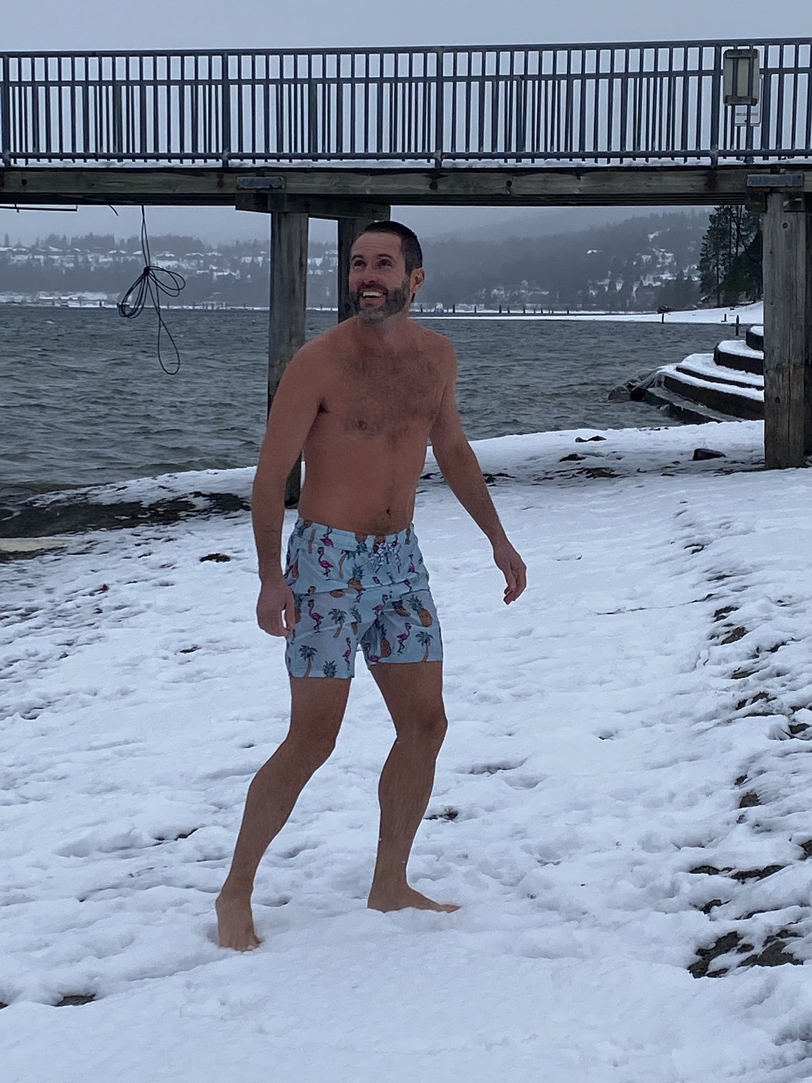 Wim Hof instructor Brock Cannon after a "nature plunge" in the icy water of Lake Coeur d'Alene on Monday. Following the dip, Cannon's skin was flushed and he felt great, he said. "Two to three minutes gives you all the physiological benefits," Cannon said. "Nature plunging" requires special preparation and is part of practicing the Wim Hof method, which combines cold immersion, breathing techniques and meditation.