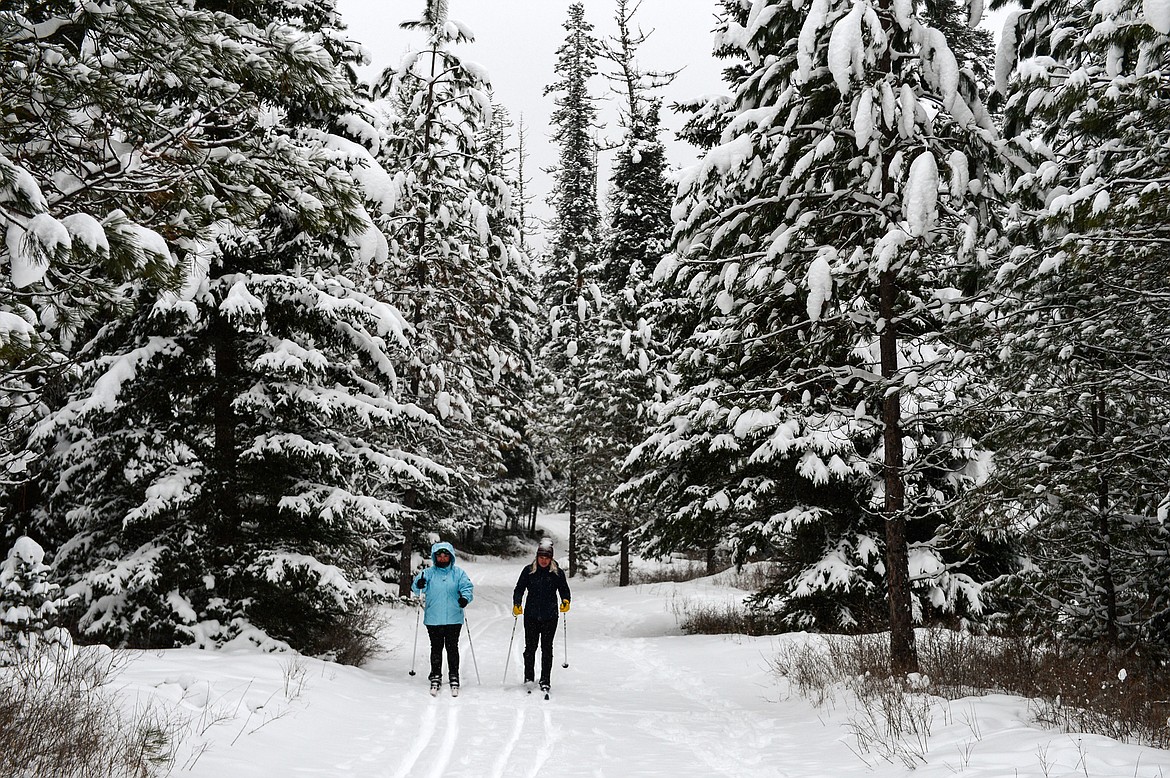 Amy Schmidt and Mattie Willette cross-country ski along the Aeneas Loop at the Bigfork Community Nordic Center trails on Foothill Road on Thursday, Jan. 6. (Casey Kreider/Daily Inter Lake)