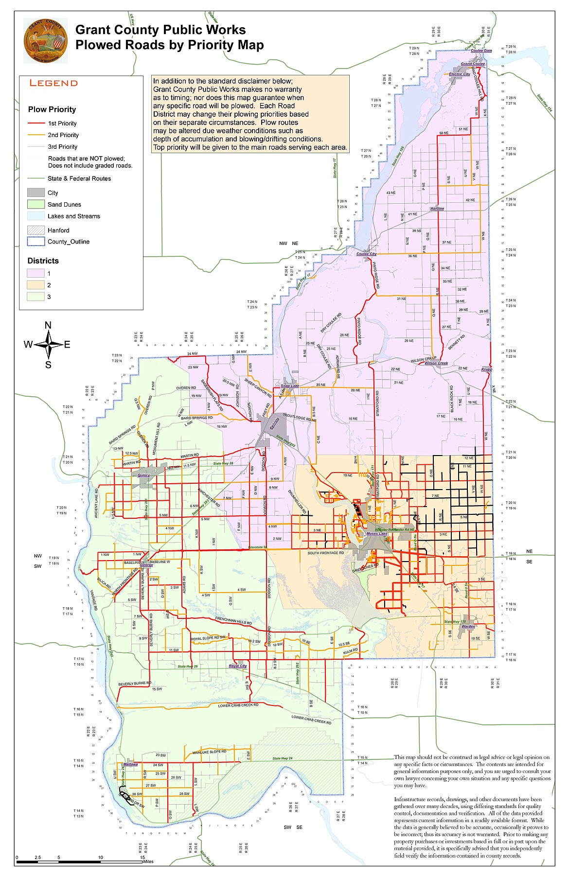 A Grant County map shows color-coded snowplowing priorities all over the county.