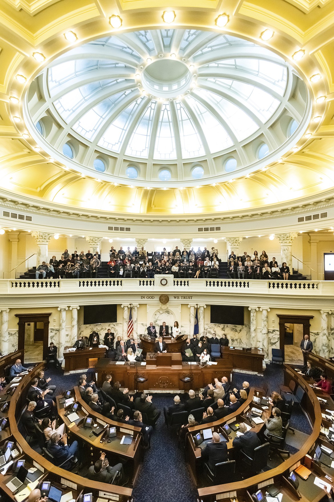 Idaho Gov. Brad Little delivers his State of the State address inside the house chambers at the state Capitol building, Monday, Jan. 10, in Boise.