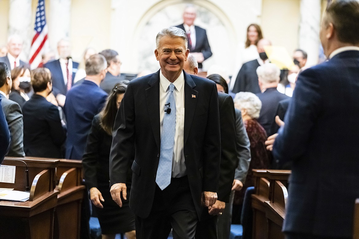 Idaho Gov. Brad Little leaves the house chambers after he delivers his State of the State address at the state Capitol building, Monday, Jan. 10, 2022 in Boise, Idaho.