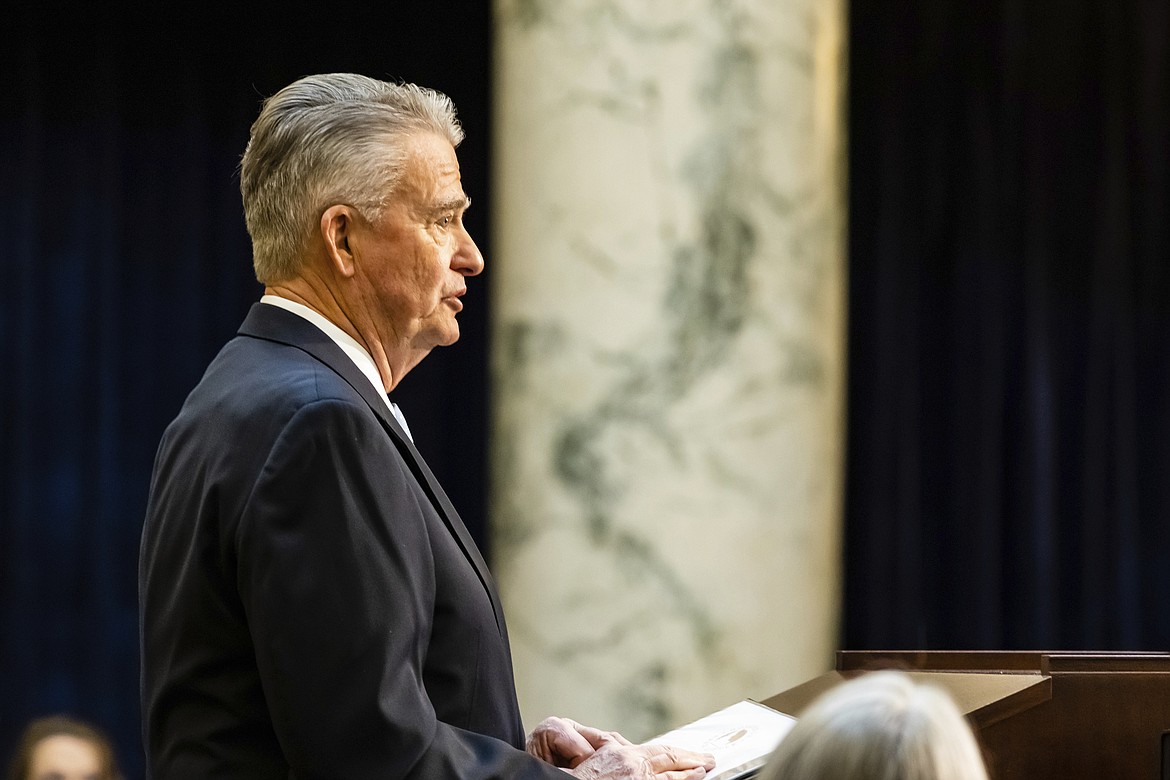 Idaho Gov. Brad Little delivers his State of the State address inside the house chambers at the state Capitol building, Monday, Jan. 10, 2022 in Boise, Idaho.