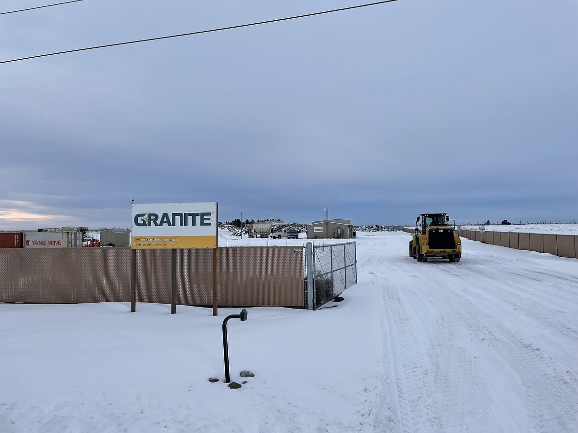 The entrance to Granite Construction’s Moses Lake gravel pit and asphalt plant is shown.