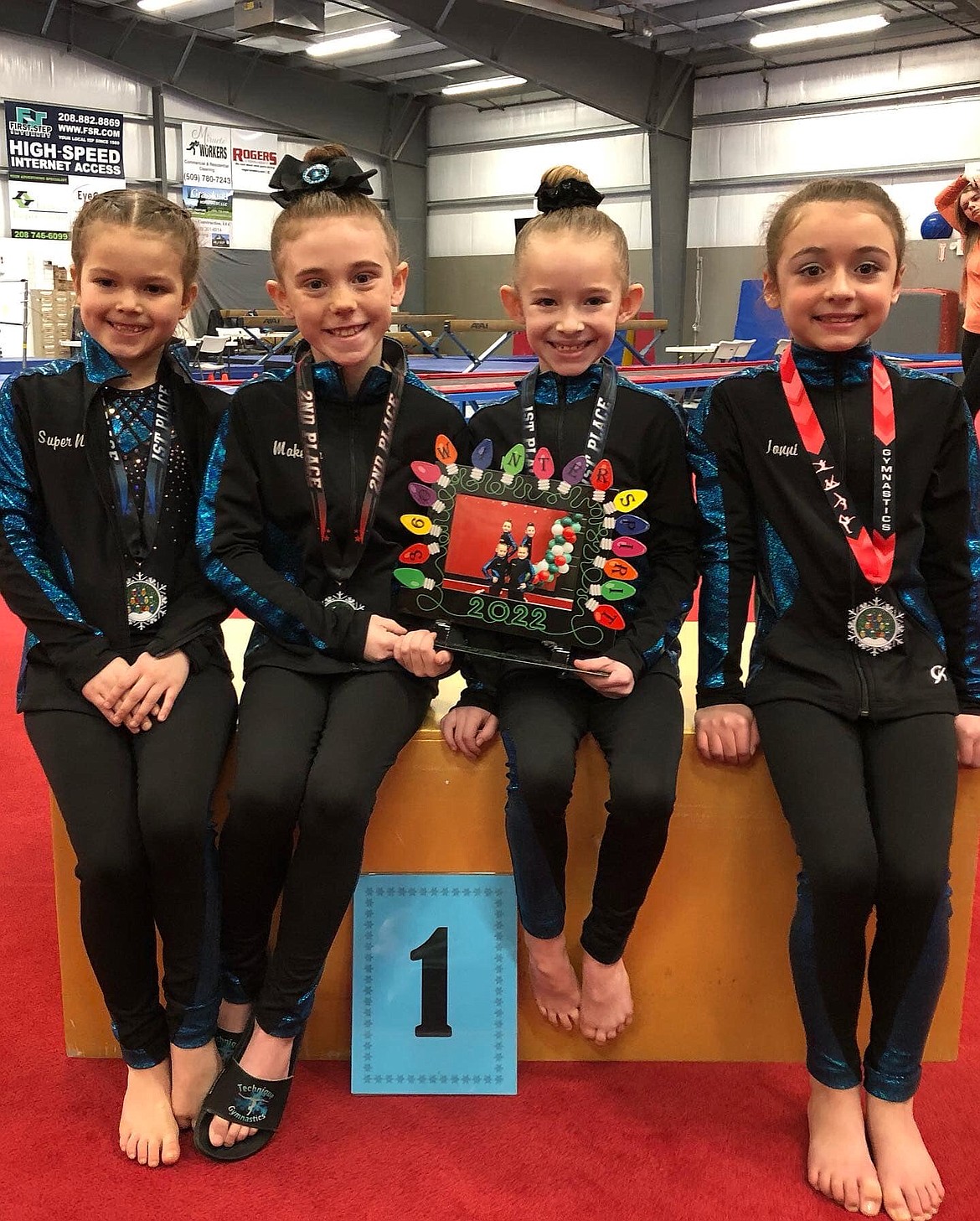 Courtesy photo
Technique Gymnastics Level 3s took 1st Place Team at the Winter Spirit 2022 in Clarkston, Wash. From left are Novalee Brock, Makenna Scholten, Keira Williams, Jonni Ridolph.