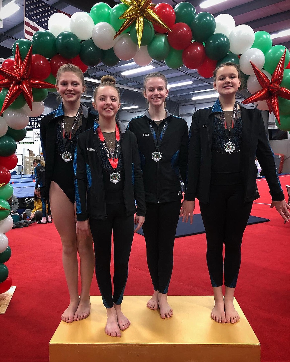 Courtesy photo
Technique Gymnastics Level 6s took 1st Place Team at the Winter Spirit 2022 in Clarkston, Wash. From left are Laila Gilbreath, Addison Jennings, Lilah Campbell and Elsa Laker.