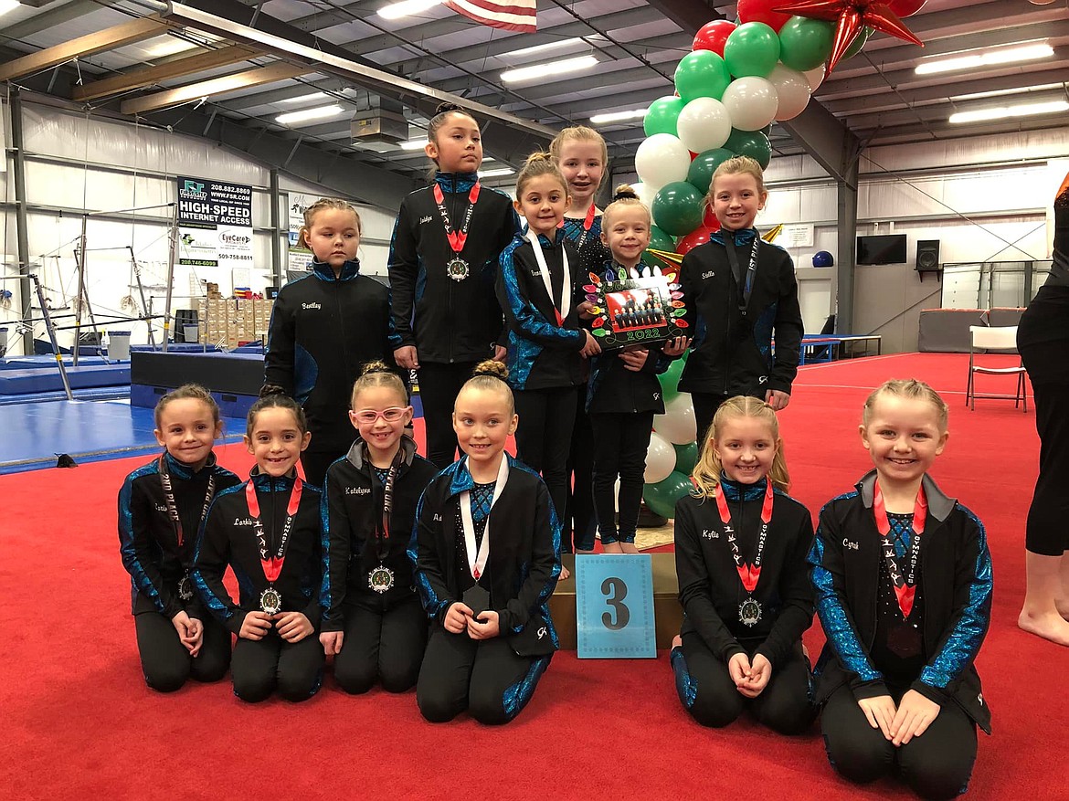 Technique Gymnastics Xcel Bronze took 3rd Place Team at the Winter Spirit 2022 in Clarkston, Wash. In the front row from left are Carina Dowiak, Larkin Tamagni, Katelynn Montandon, Addilyn Brown, Kylie Anderson and Cyrah Turcott; and back row from left, Bentley Clawson, Jaidyn Bustillos, Brooklyn Adams, Sierra Martin, Brylee Mello and Stella Casty.