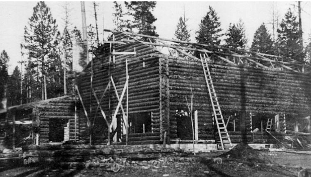 A picture of the main lodge on the Kelley-Evans estate at some time during its construction around 1917. Credit – Denny Kellog Collection.