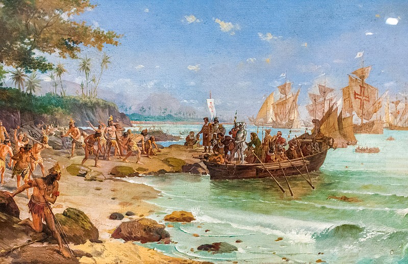 Painting by Oscar Pereira da Silva (1867-1939) of Portuguese conquistador Pedro Alvares Cabral landing in Porto Seguro, Brazil, in 1500 (painting 1900).