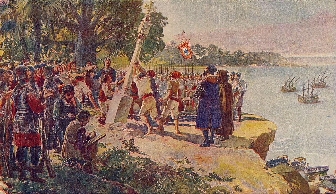 Painting titled "Padrão, erected by the Portuguese on the Mouth of the Zaire River" by Roque Gameiro, depicting a stone cross monument erected by Portuguese conquistador Diego Cao in 1482 in today’s Zaire, one of many erected in new lands claimed by Portugal (painting 1917).