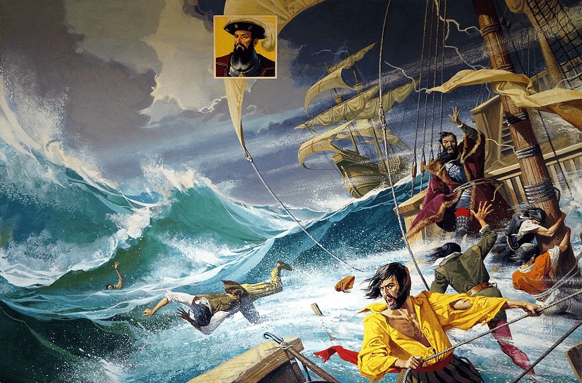 A storm at sea near Madeira and Cape Verde Islands in the South Atlantic in 1502 scattered Portuguese explorer Vasco da Gama’s fleet on the way to India, where da Gama (shown here) later served as Portuguese viceroy in India.