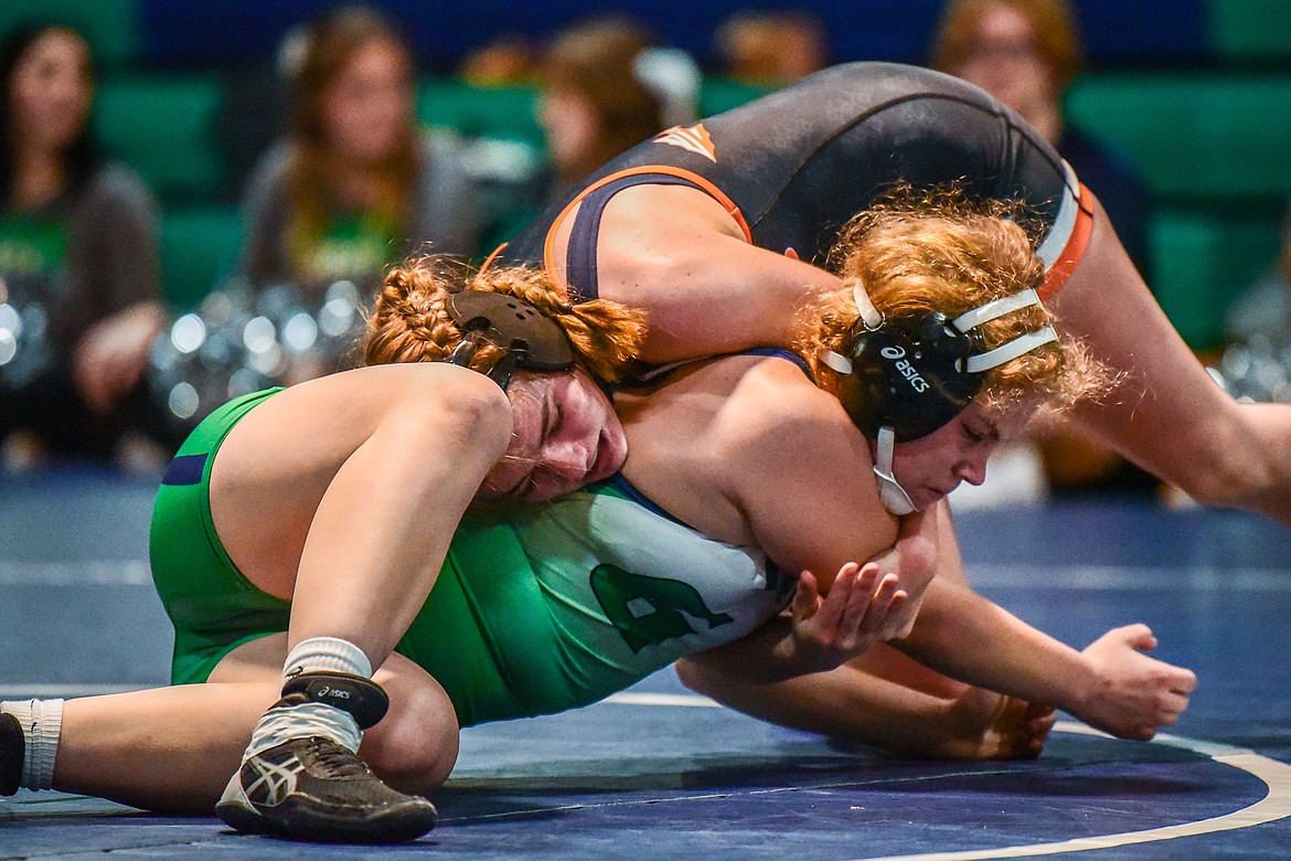 Flathead's Emma Gambino wrestles Glacier's Madisyn Frazier at 152 pounds at Glacier High School on Thursday, Jan. 13. (Casey Kreider/Daily Inter Lake)