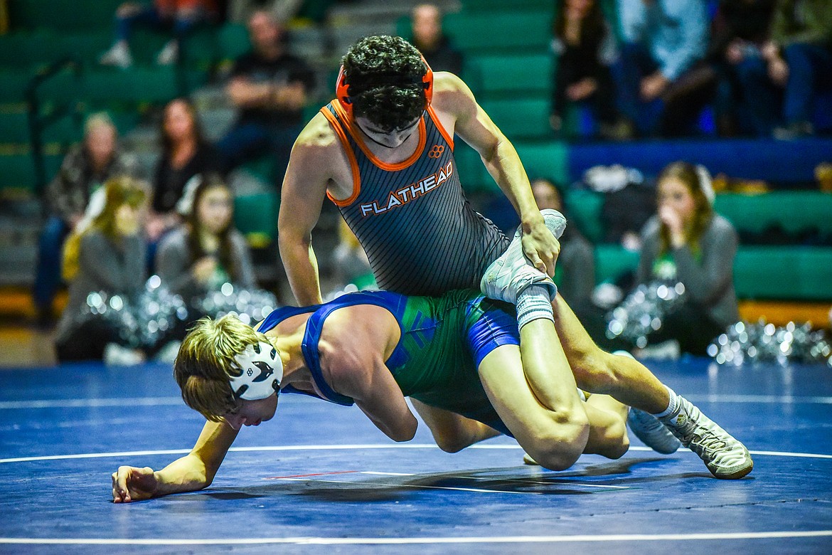 Flathead's Diesel Thompson wrestles Glacier's CJ Johnson at 120 pounds at Glacier High School on Thursday, Jan. 13. (Casey Kreider/Daily Inter Lake)