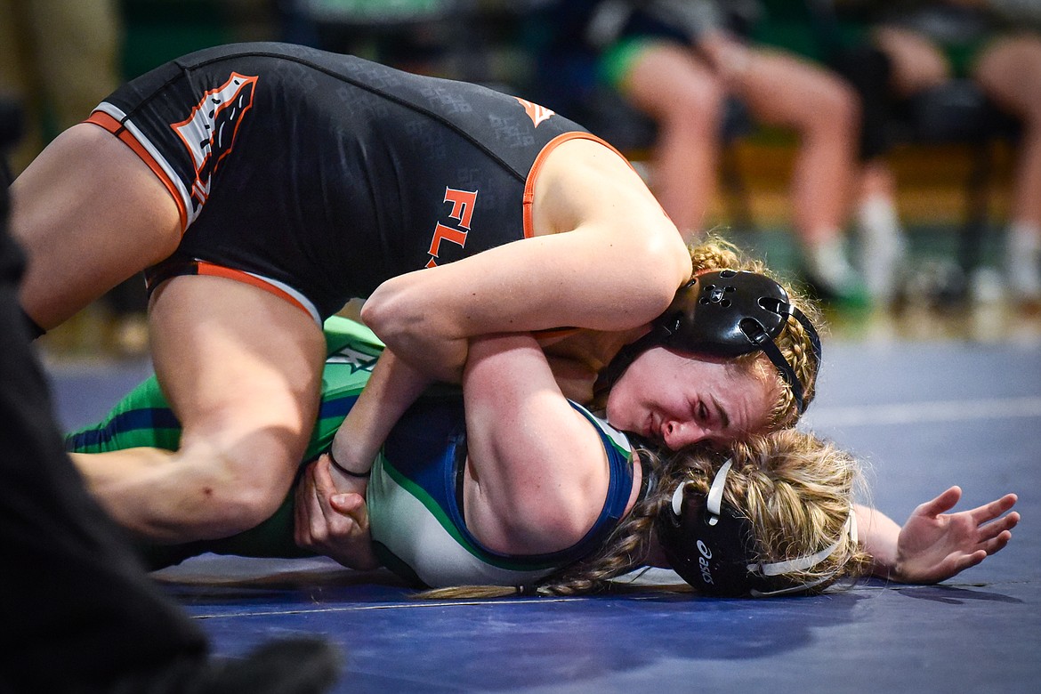 Flathead's Hania Halverson wrestles Glacier's Emily Pedron at 120 pounds at Glacier High School on Thursday, Jan. 13. (Casey Kreider/Daily Inter Lake)