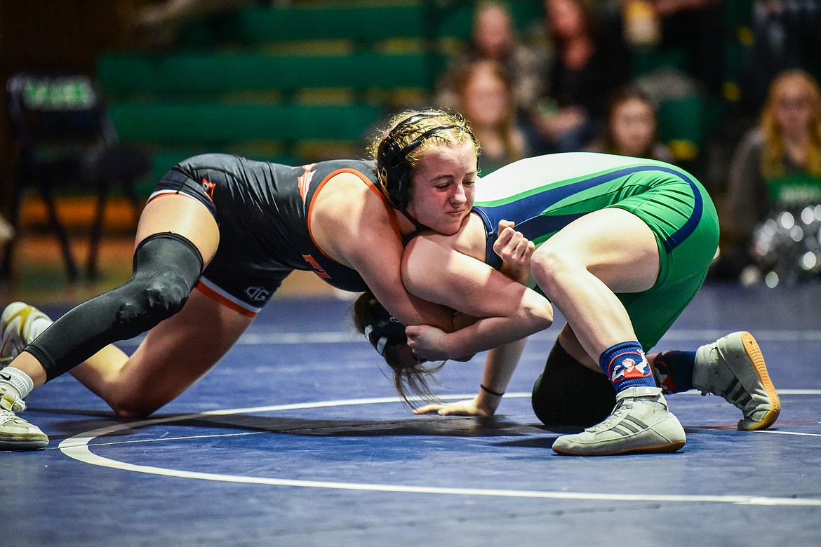 Flathead's Hania Halverson wrestles Glacier's Emily Pedron at 120 pounds at Glacier High School on Thursday, Jan. 13. (Casey Kreider/Daily Inter Lake)