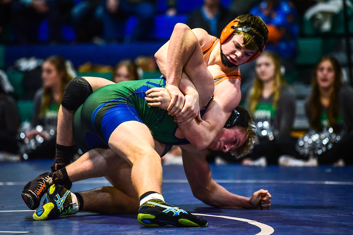 Flathead's Anders Thompson wrestles Glacier's Aiden Krause at 182 pounds at Glacier High School on Thursday, Jan. 13. (Casey Kreider/Daily Inter Lake)