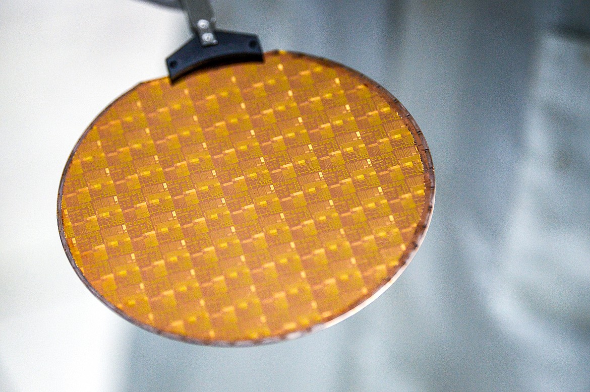 A wafer of metal  processed by ClassOne Technology's semiconductor electroplating systems at their development center in Kalispell on Wednesday, Jan. 12. (Casey Kreider/Daily Inter Lake)