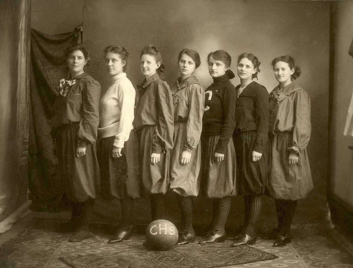 First Girls' Basketball Team at Coeur d'Alene High School, 1906 (from left): Mary Smith, Julia Cheatam, Bernice Robertson, Mary Roche, Edith Wells (sister of H. P. Glindeman), Margaret Thomson (later Mrs. John T. Wood) and Laura Smith.