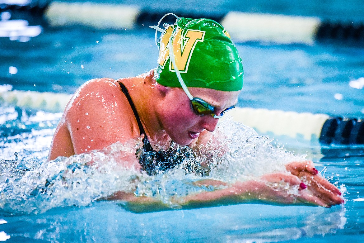 Whitefish's Ada Qunell swims the breaststroke in the Women's 200 Yard IM at the Kalispell Invite at The Summit on Saturday, Jan. 15. (Casey Kreider/Daily Inter Lake)