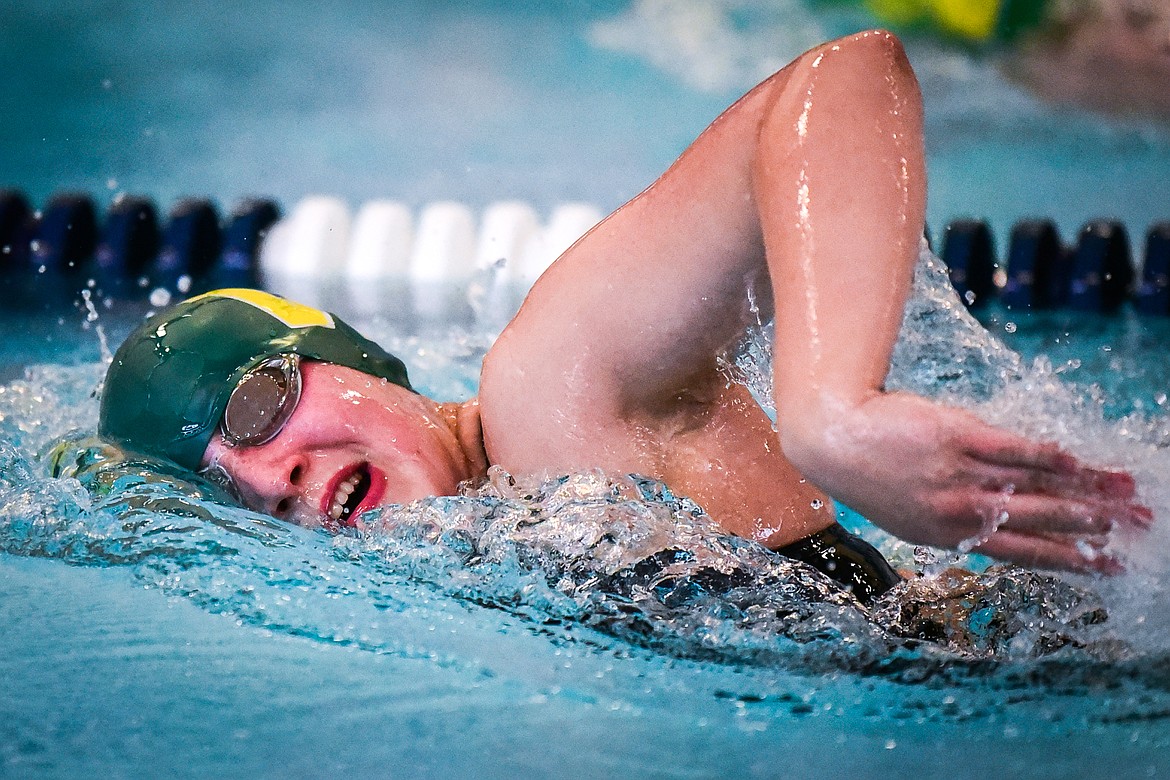 Whitefish's Nia Hanson swims during the Women's 200 Yard Freestyle at the Kalispell Invite at The Summit on Saturday, Jan. 15. (Casey Kreider/Daily Inter Lake)