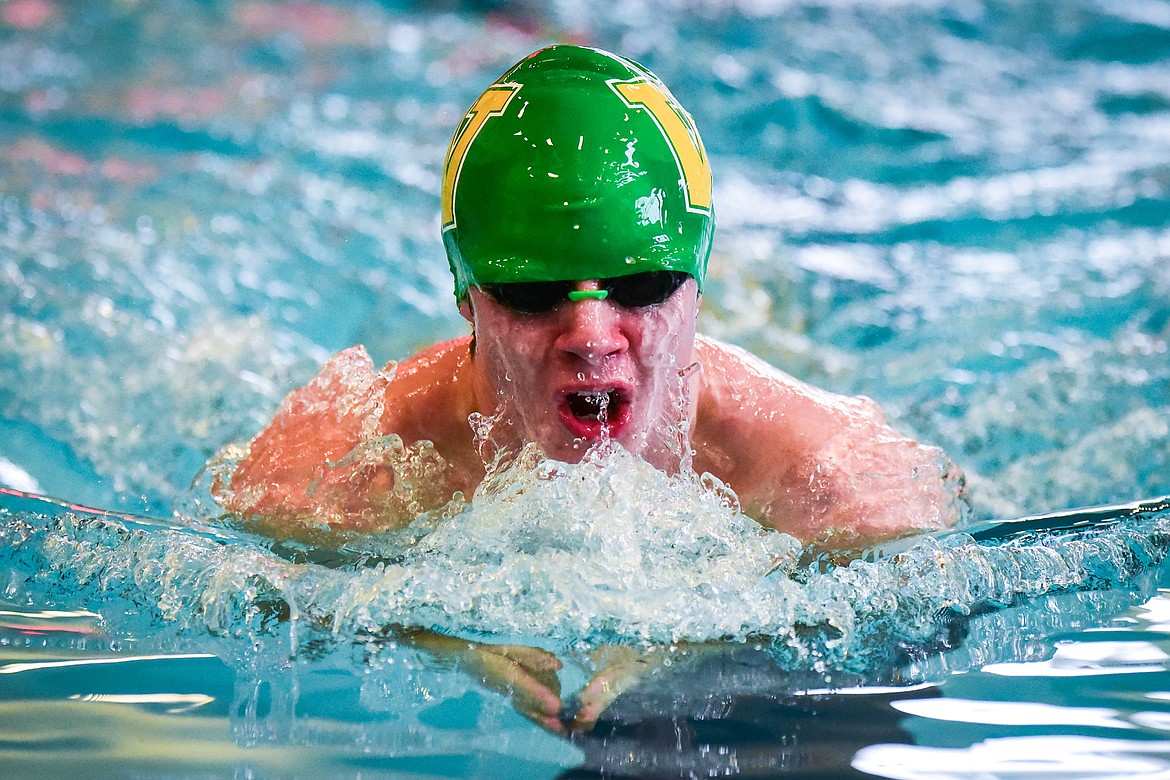 Whitefish's Aaron Dicks swims the breaststroke during the Men's 200 Yard Medley Relay at the Kalispell Invite at The Summit on Saturday, Jan. 15. (Casey Kreider/Daily Inter Lake)