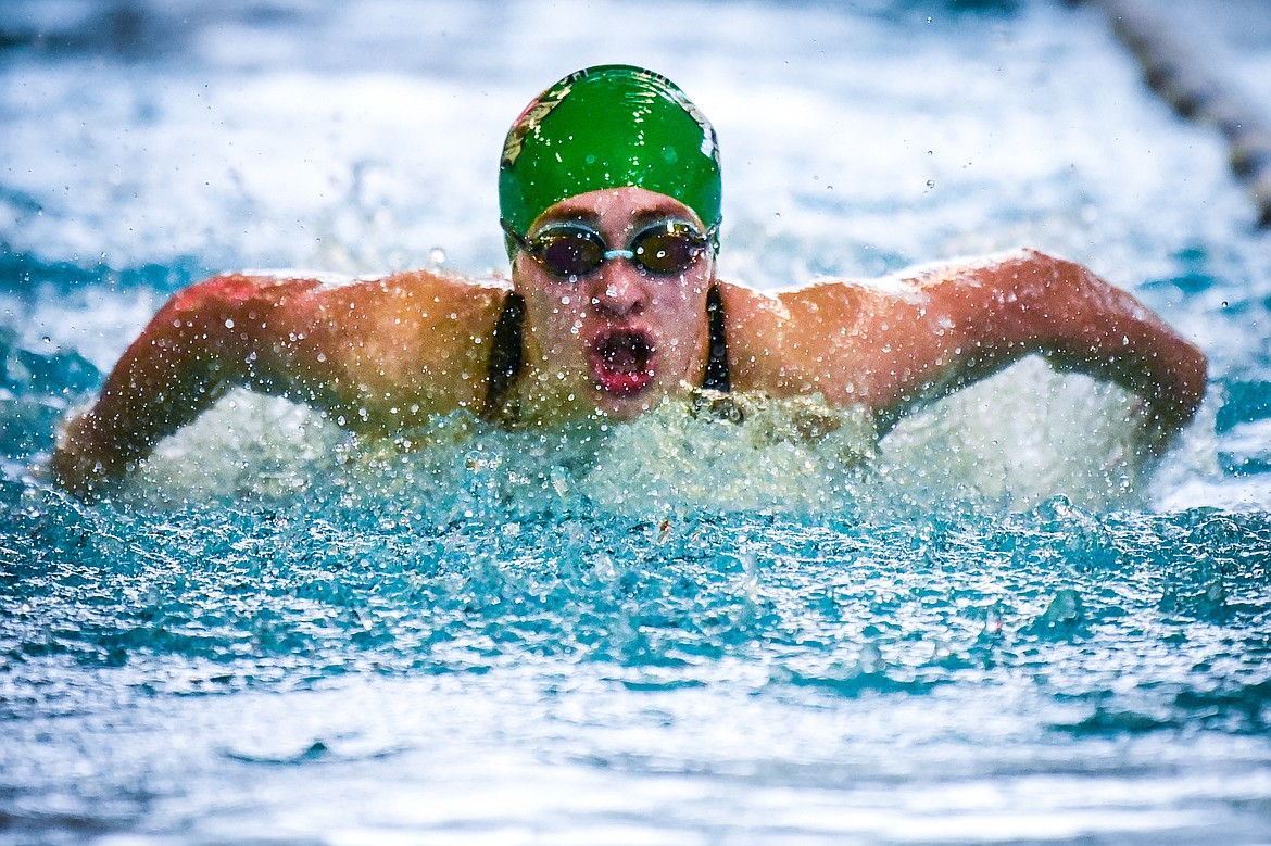 Glacier's Olivia Gibbons swims in the Women's 100 Yard Butterfly at the Kalispell Invite at The Summit on Saturday, Jan. 15. (Casey Kreider/Daily Inter Lake)