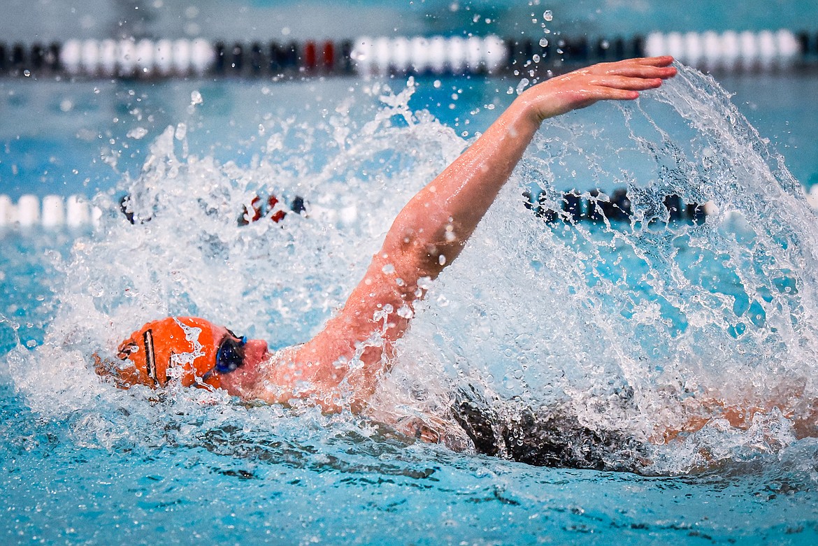 Flathead's Lily Milner backstrokes during the Women's 200 Yard Medley Relay at the Kalispell Invite at The Summit on Saturday, Jan. 15. (Casey Kreider/Daily Inter Lake)