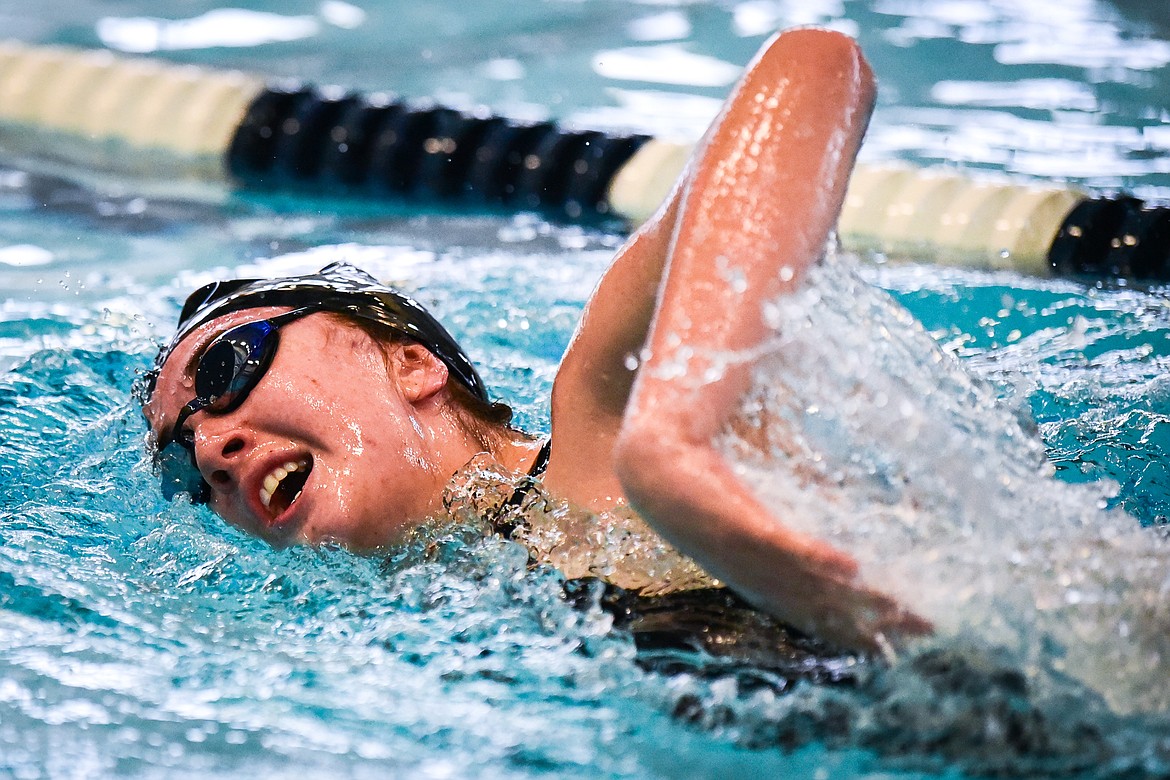 Bigfork's Lillian Peterson swims during the Women's 200 Yard Freestyle at the Kalispell Invite at The Summit on Saturday, Jan. 15. (Casey Kreider/Daily Inter Lake)