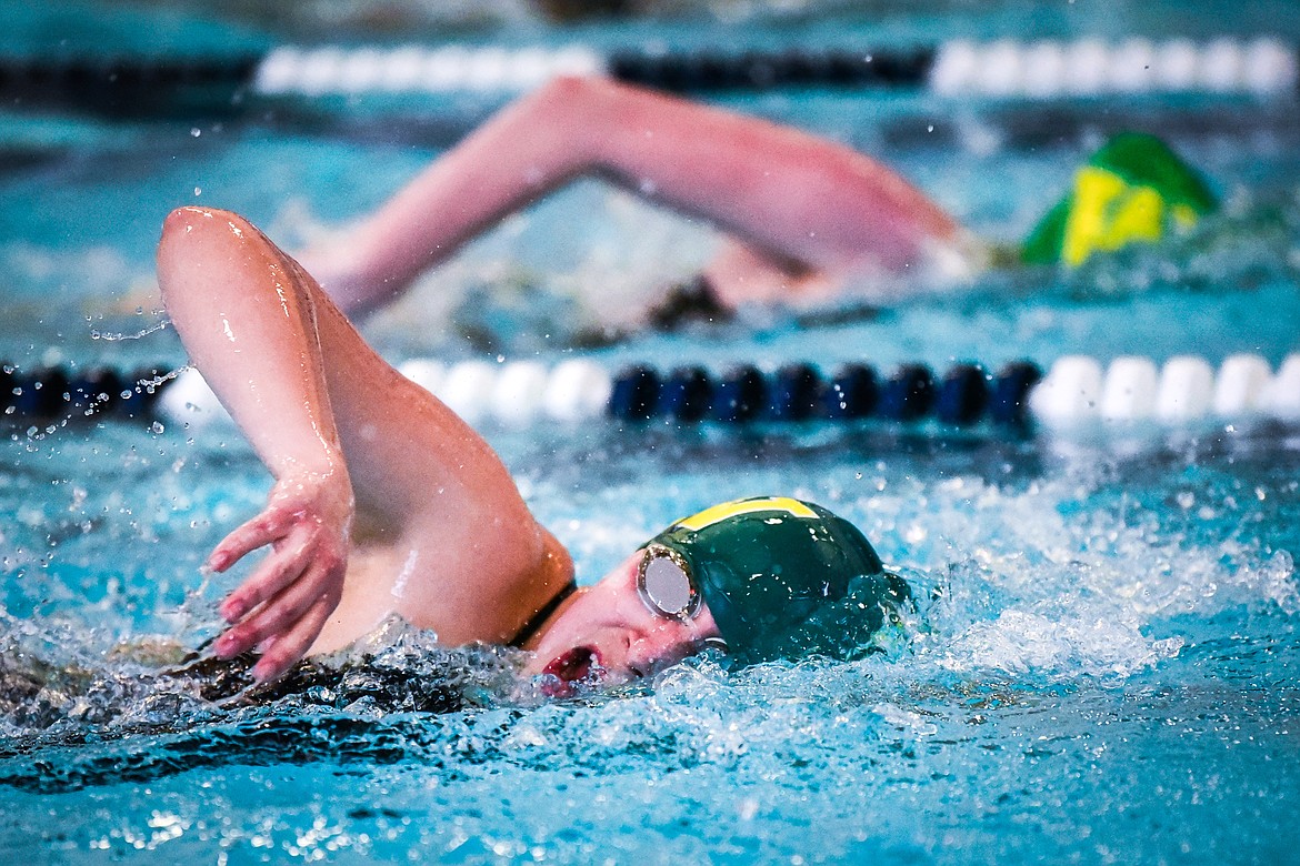 Whitefish's Nia Hanson, front, and Sydney Macintyre swim during the Women's 200 Yard Freestyle at the Kalispell Invite at The Summit on Saturday, Jan. 15. (Casey Kreider/Daily Inter Lake)