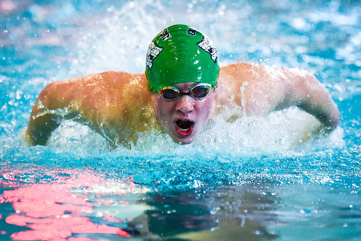 Glacier's Xander Stout swims in the Men's 100 Yard Butterfly at the Kalispell Invite at The Summit on Saturday, Jan. 15. (Casey Kreider/Daily Inter Lake)