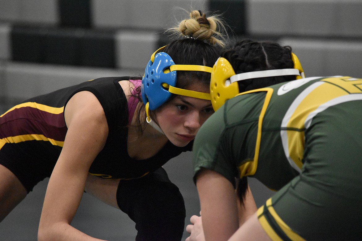 Moses Lake High School junior Brianna Martinez faces Richland High School opponent Constance Fuentes at the Quincy Bring Home Da Beef tournament on Saturday.