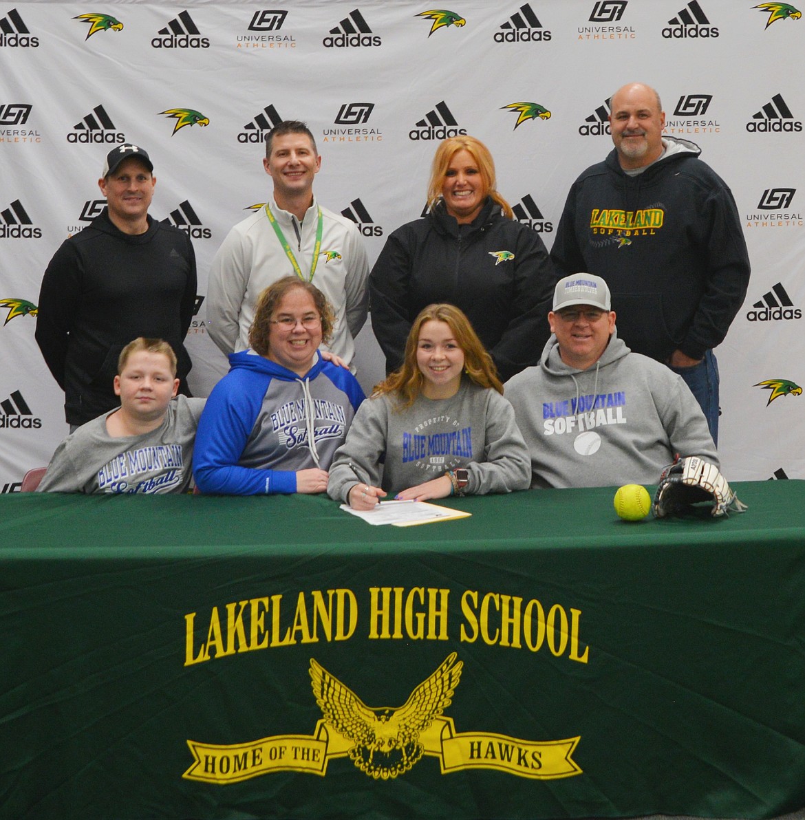 Courtesy photo
Lakeland High senior Harley See recently signed a letter of intent to play softball at Blue Mountain Community College in Pendleton, Ore. Seated from left is Greyson See (brother), Julie See (mother), Harley See and Greg See (father); and standing from left, John Howerton, Lakeland High assistant softball coach, Matt Neff, Lakeland High athletic director; Colleen Bevacqua, former Lakeland High softball coach; and Anthony Walls, club softball coach.