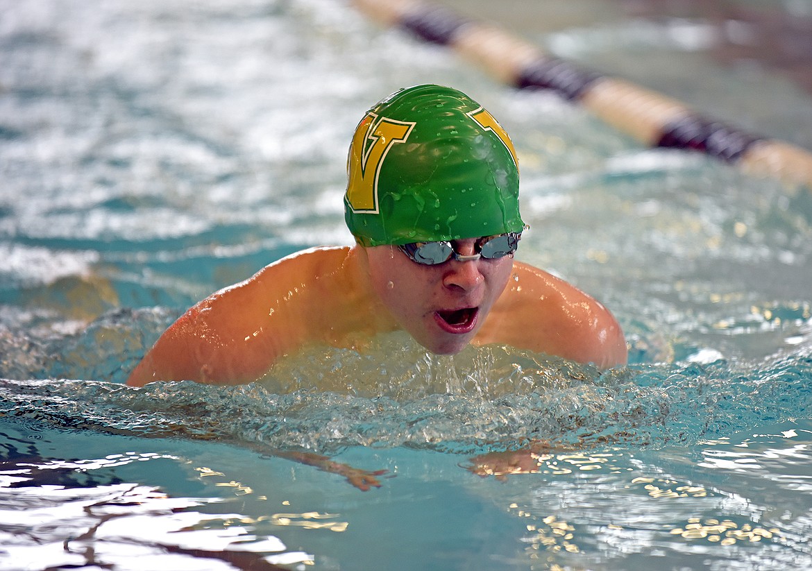 Bulldog Jack McDaniel swims in the 200 yard IM at the Kalispell Invite on Saturday at The Summit. (Whitney England/Whitefish Pilot)