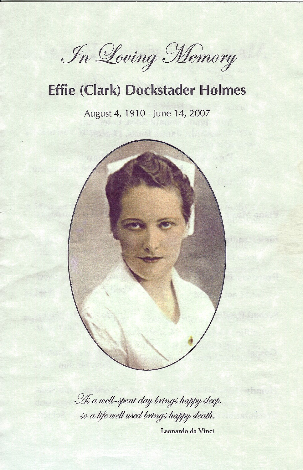 Dockstrader's obituary, where her composite photo from her nursing days can be seen. Dockstrader graduated from the Spokane Sacred Heart School of Nursing then moved to Missoula to start her career after graduation. (Bigfork History Project)