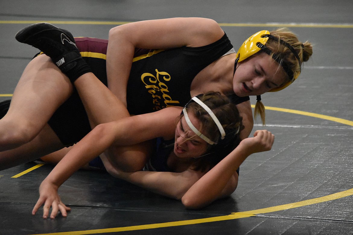 Moses Lake High School junior Kathryn Pugh wrestles at Quincy on Saturday at the Quincy Bring Home Da Beef tournament.