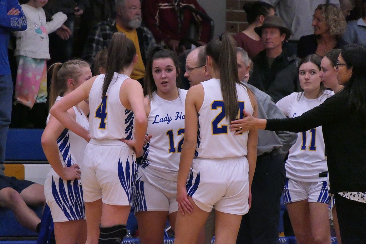 T Falls coach Chadd Laws huddles with his players during a timeout in the game with Bigfork last week in Thompson Falls.   (Chuck Bandel/Valley Press)