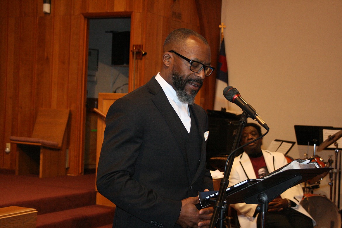 Pastor Plasido Lindsey delivers a rendition of the “I Have a Dream” speech during the annual commemoration of Martin Luther King Jr. Day Monday.