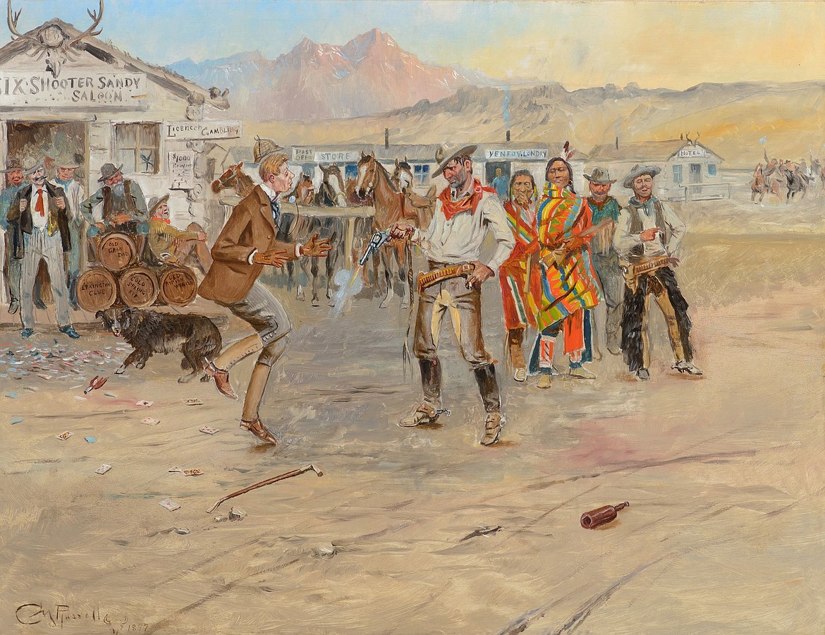 Cowboys and Indians in Montana painting by Charlie Russell recreating raucous days of the Old West.