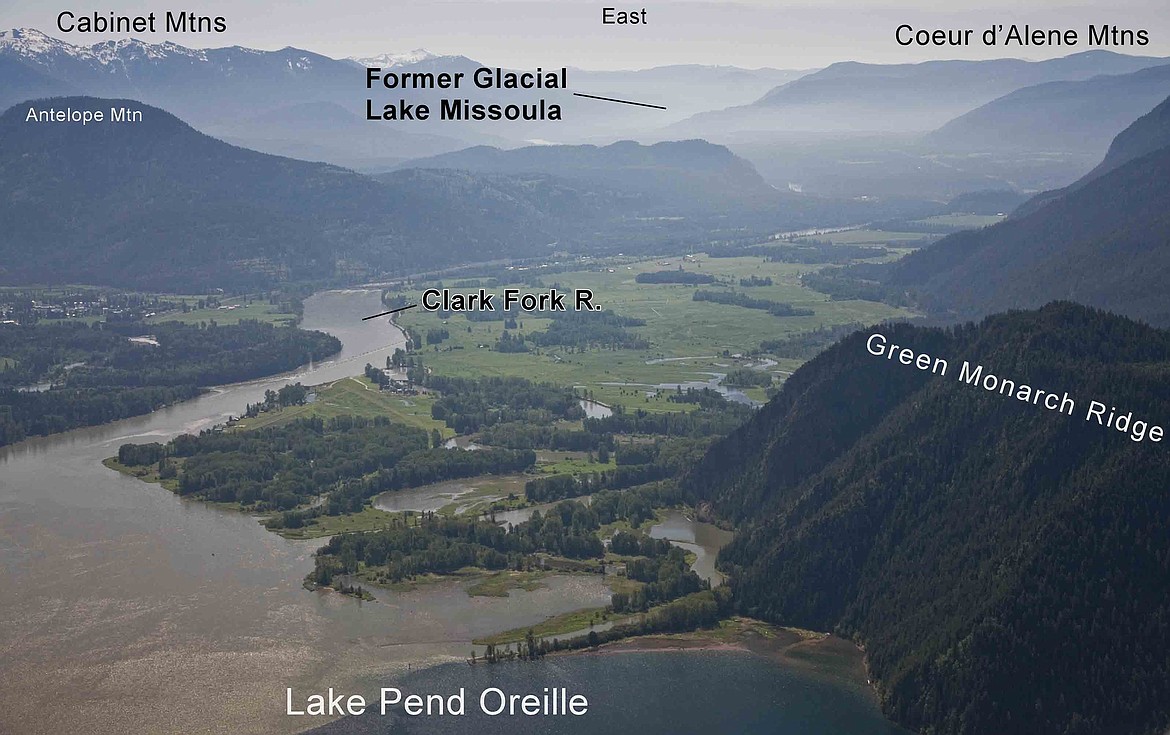 Looking east from Idaho’s Lake Pend Oreille created by massive flooding during the Last Ice Age, 12,000 years ago when an ice dam broke releasing the water from the huge Glacial Lake Missoula in Montana.
